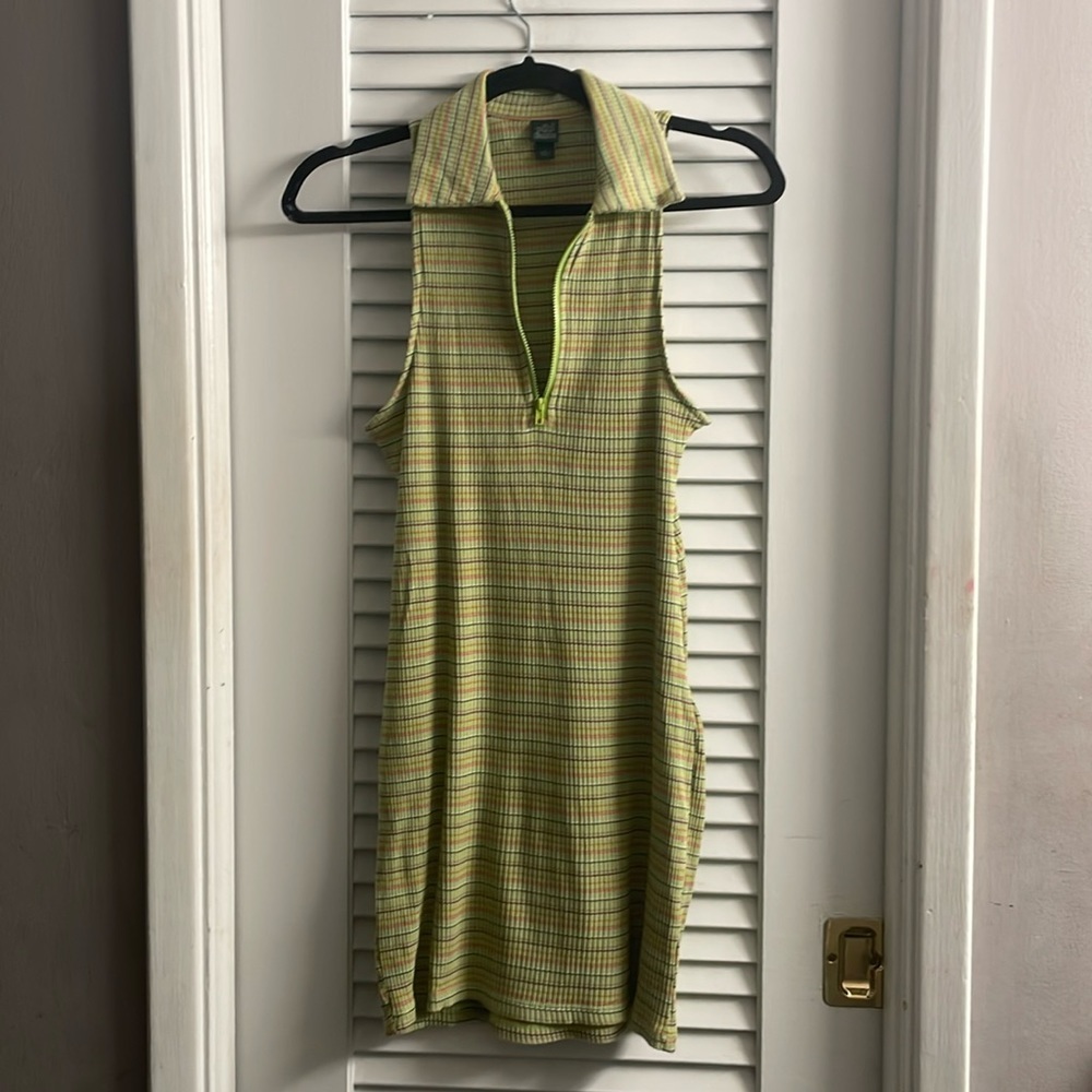Wild Fable Sleeveless Zip Front Bodycon Polo Dress in Green Apple Stripe Size S - Picture 2 of 5